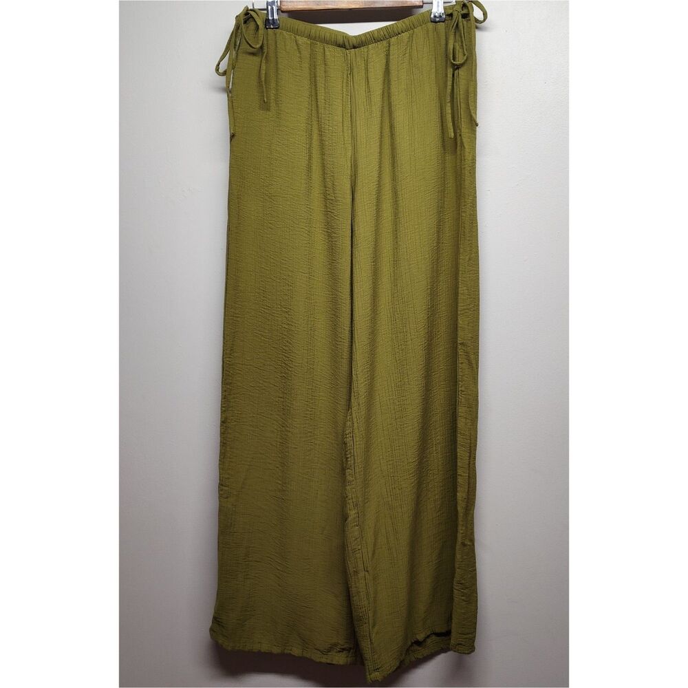 A New Day Pants Women M Green Wide Leg Elastic Waist Bohemian Beachy Resortwear